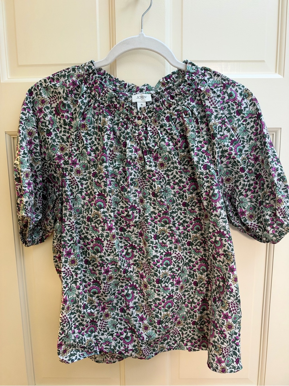 J. Crew Floral Puff-Sleeve Cotton Top in Purple Green Size S